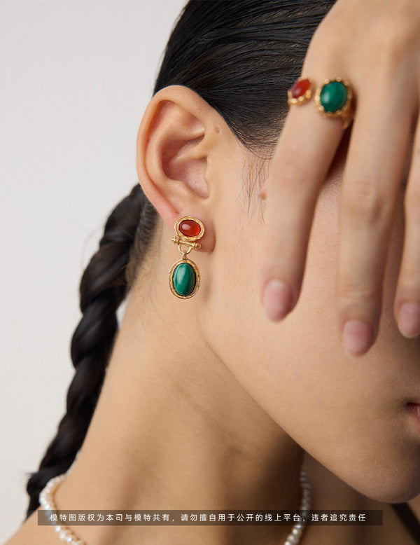 Hand-Carved Earth Poetry: Vintage Dual-Gemstone Earrings - S925 Sterling Silver with Natural Malachite & Red Agate (Boho Textured Artisan Finish, Hypoallergenic)