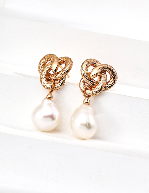 S925 Sterling Silver Baroque Pearl Snake Earrings – Ancient Totem Inspired Vintage Studs, Natural Irregular Pearl, Handcrafted Minimalist Jewelry for Women.