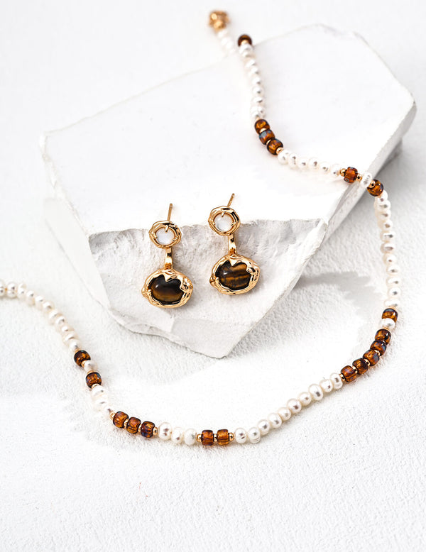 Golden Hour Nostalgia: Adjustable S925 Sterling Silver Necklace & Earrings Set – Vintage Gold Chain with Natural Pearls & Czech Glass Beads (Mixed Media Elegance)