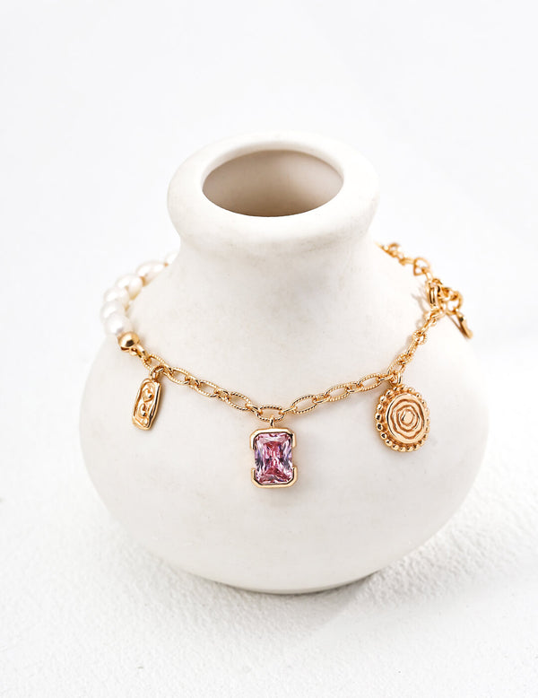 Vintage Gold  Adjustable Pearl & Zircon Bracelet – S925 Sterling Silver with 4-6mm Natural Freshwater Pearls + Cubic Zirconia Accents.